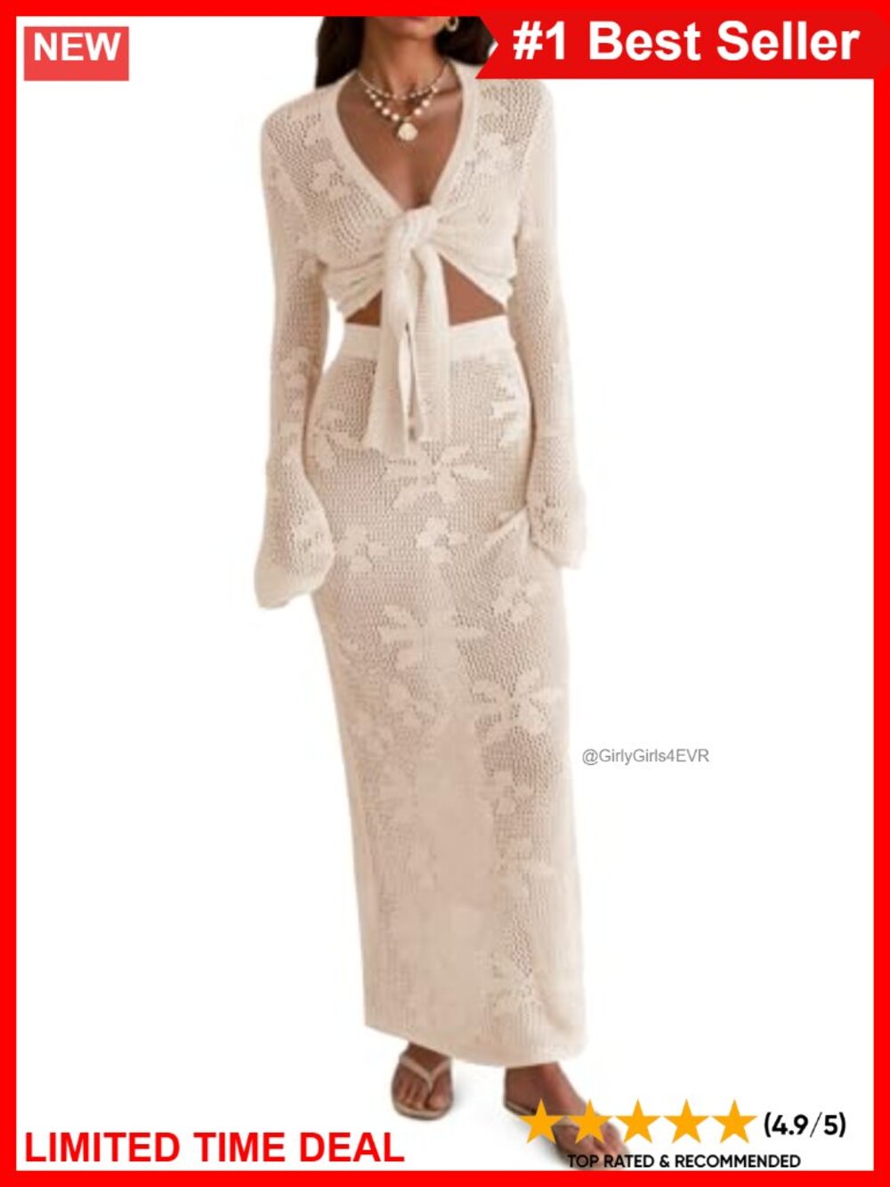 Crochet Swimsuit Cover-Up 2 Piece Beach Set Long Sleeve Wrap Top Maxi Skirt